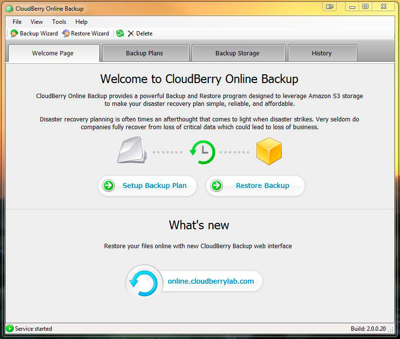 The Welcome Page for CloudBerry Online Backup